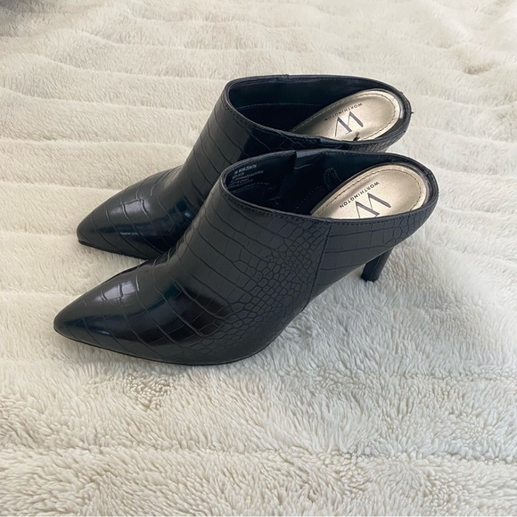 Worthington Black Croc Textured Pointy Toe Mules Heels New Size 7 - Picture 3 of 10